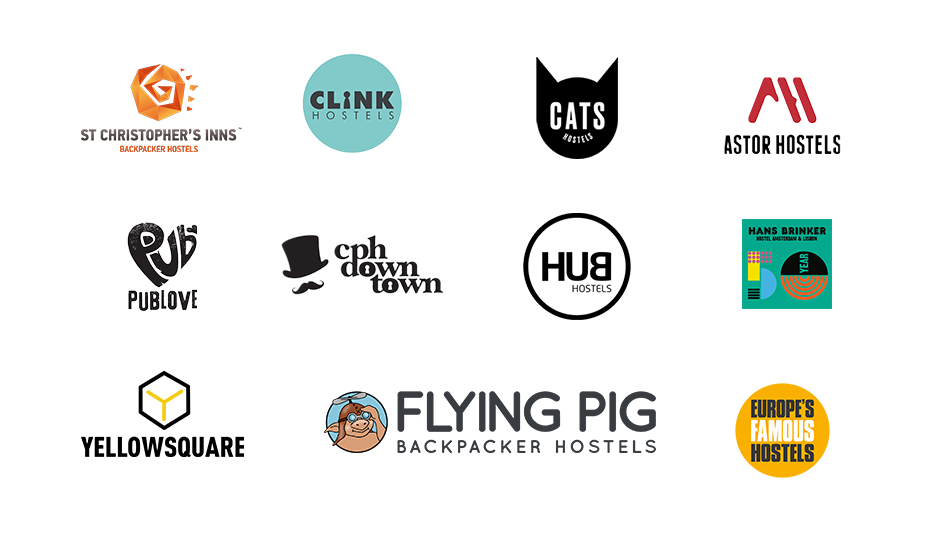 Logos of the 15 hostels brands, namely: St Christopher's Inns, Wombat's Hostel, Cats Hostels, Astor Hostels, Pub Love, Meininger Hotels, Yellow Square, Abraham Hostels, Clink Hostels, Copenhagen Downtown Hostel, Hans Brinker, and Europe's Famous Hostels