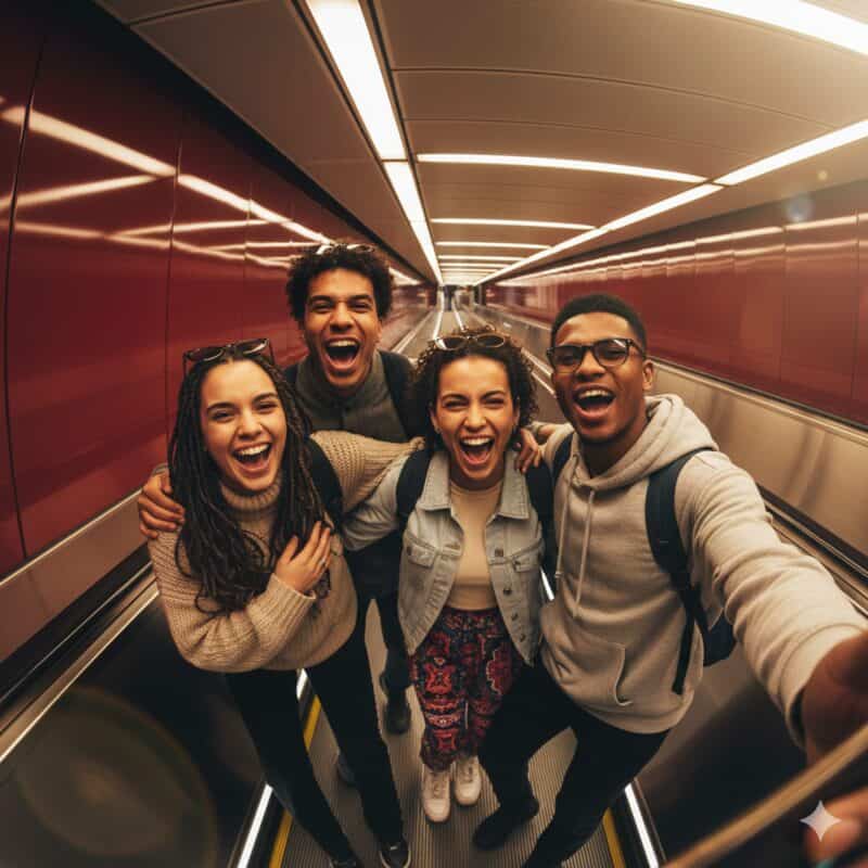 Vibrant group of friends smiling and taking a selfie in the Uptown Hostel underground passage.