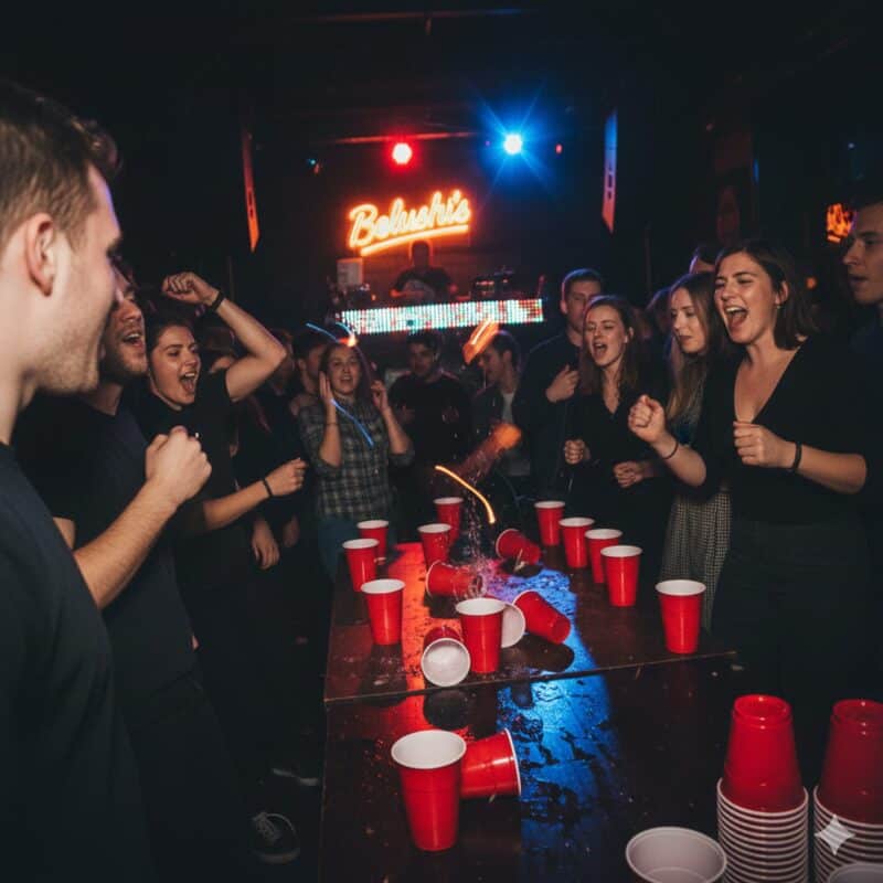 Group of friends celebrating with a beer pong game at Flying Pig Uptown Hostel.