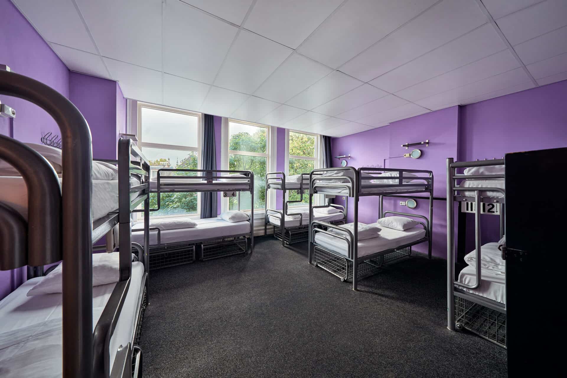 Dormitory room at Flying Pig Uptown Hostel with multiple bunk beds and purple walls.