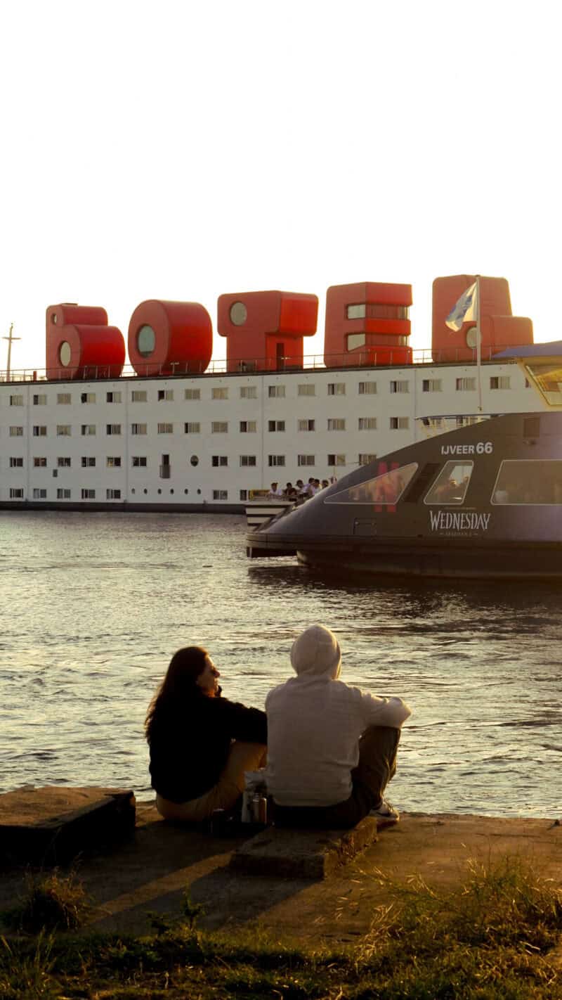 View from NDSM waterfront to BOTEL and ferry to Amsterdam Central, August 2025