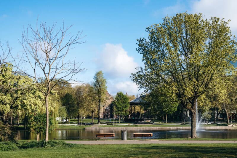 Spring view of Oosterpark in Amsterdam, Netherlands, with a pond, fountain and fresh green trees under a bright blue sky in the city park