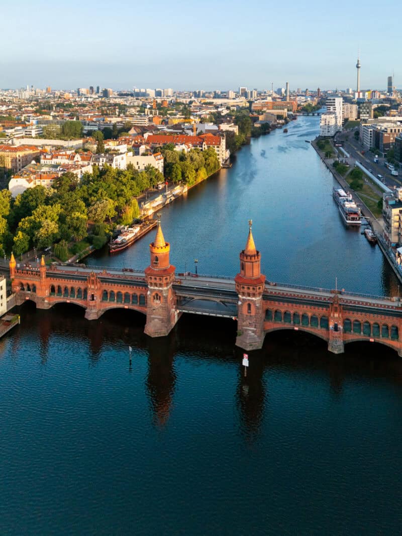 aerial view on Berlin Oberbaumbrücke at sunrise