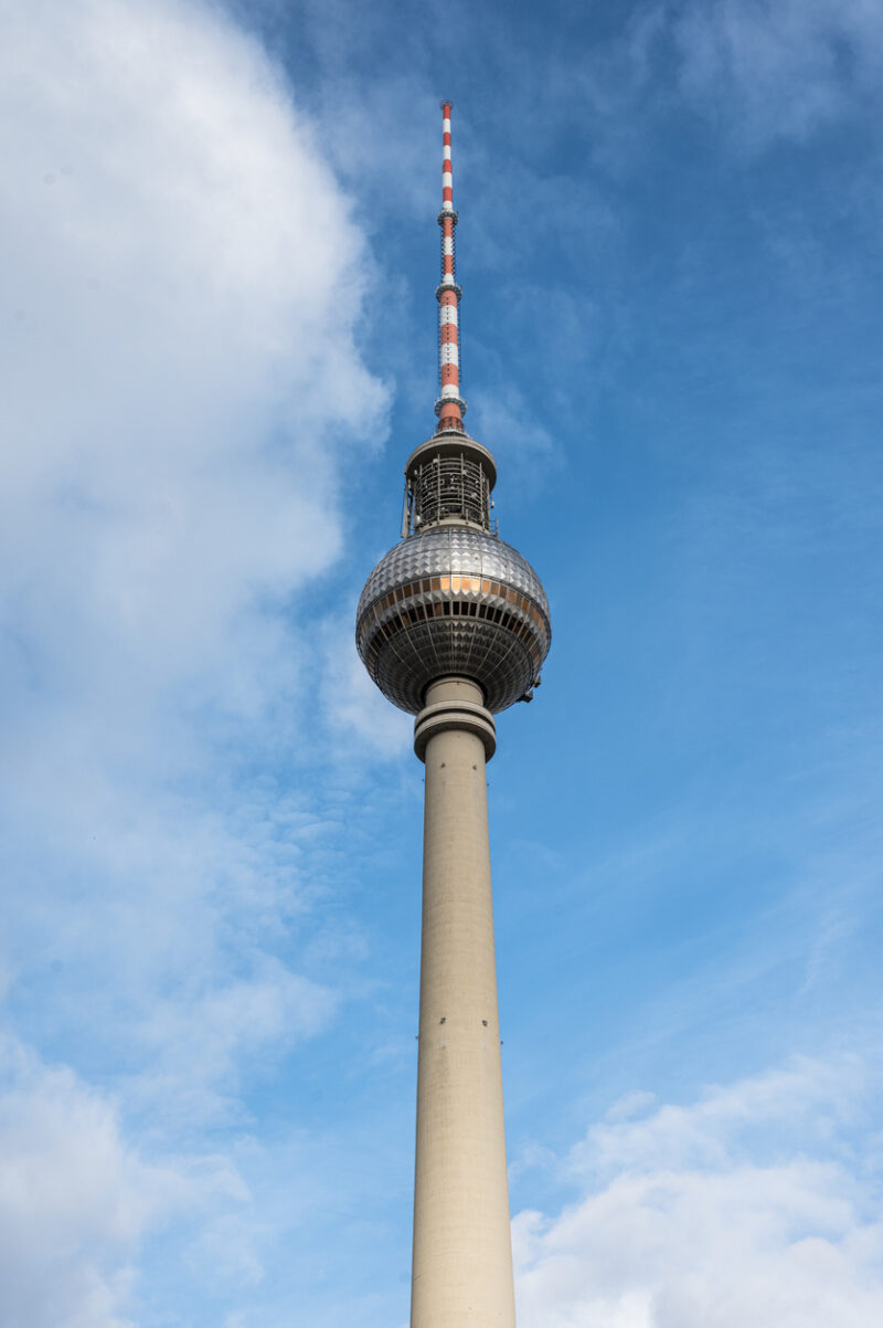 Berlin TV Tower (Fernsehturm) Close-up Against Blue Sky