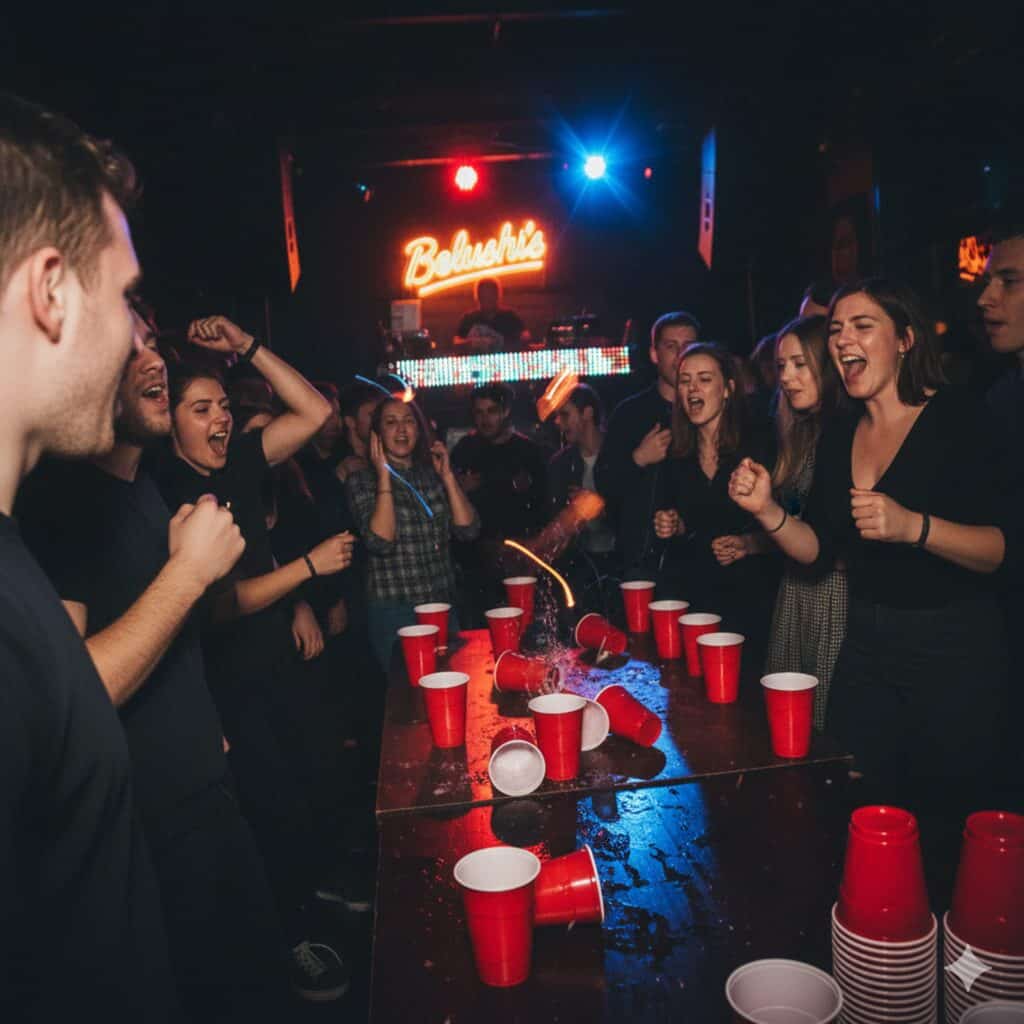 People enjoying a lively party at Bauhaus Hostel Bruges, with red cups and a vibrant atmosphere.
