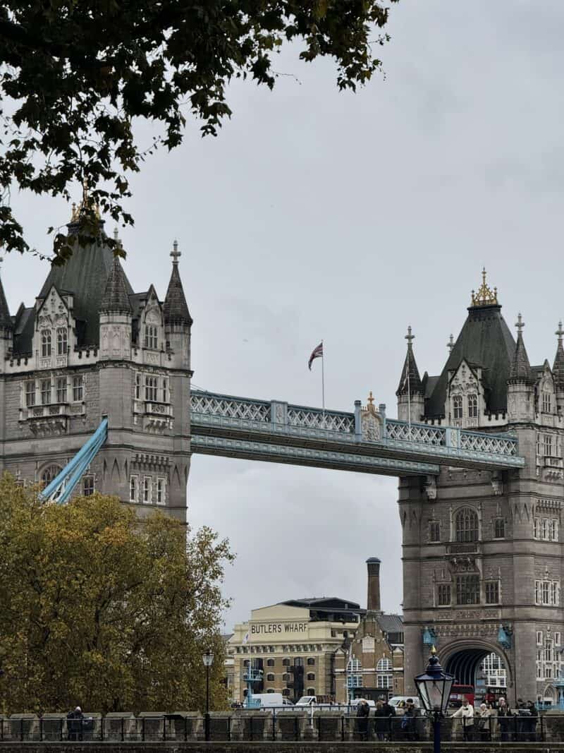 London Tower Bridge with its distinctive towers and suspension design.