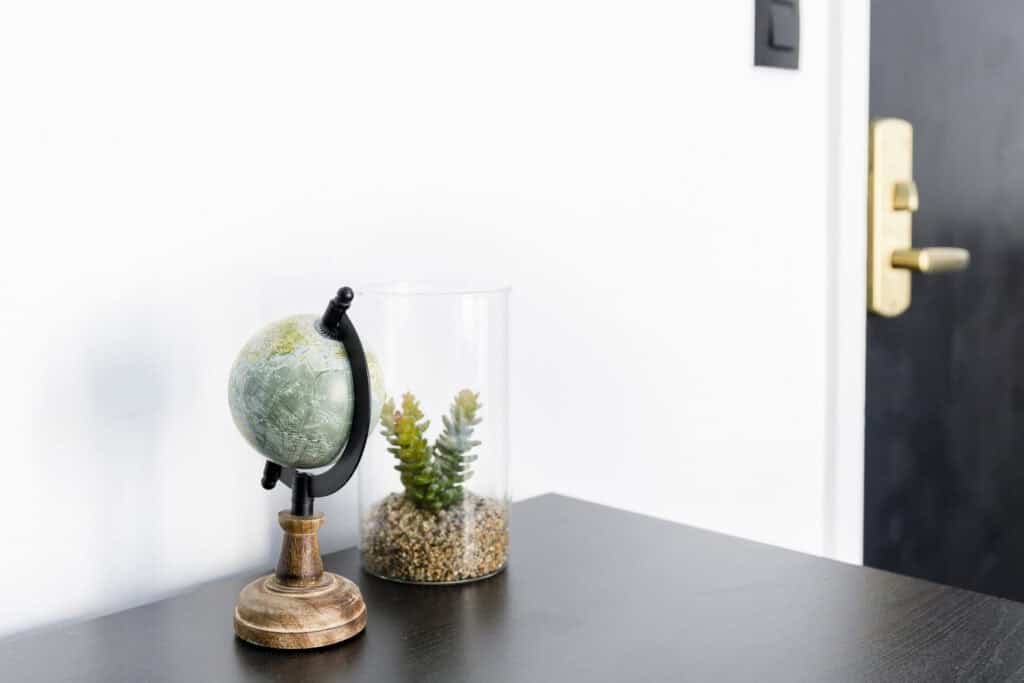 Modern globe and succulent plant in glass container on a black desk.