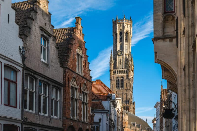 Historic Belfry Tower in Bruges with medieval architecture.