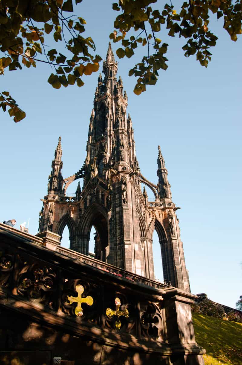 Scott Monument in Edinburgh, Scotland, surrounded by autumn trees