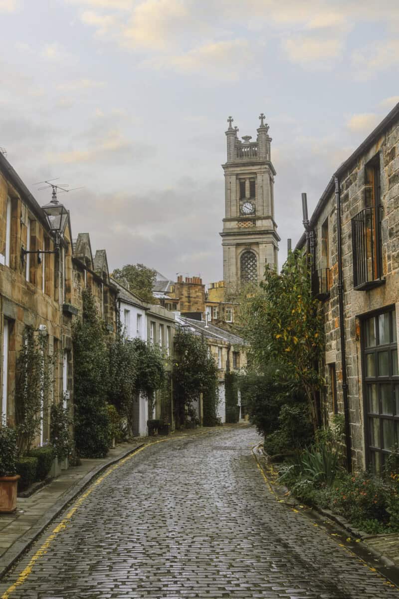 Traditional Circus Lane in Stockbridge with Saint Stephen’s Church, Edinburgh, Scotland, UK