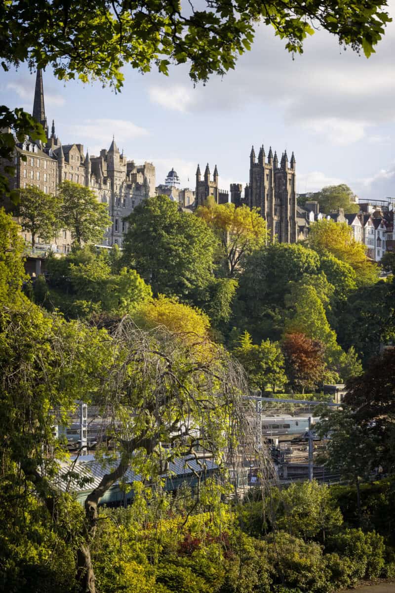 Holidays in Scotland – view of Princes street gardens in Edinburgh, UK
