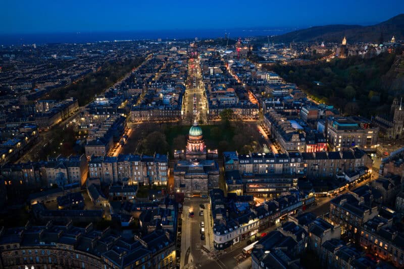 Aerial View of Edinburgh New Town at Blue Hour with Illuminated Streets