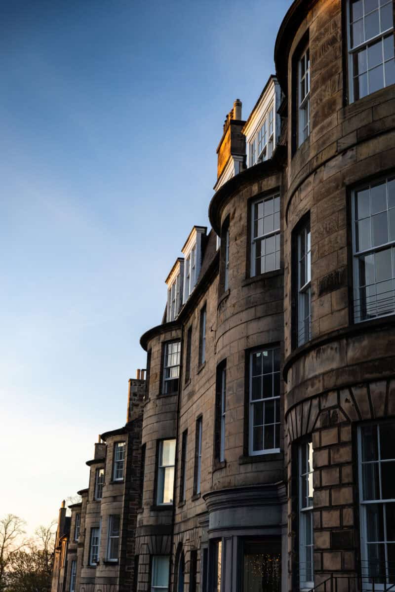 Sandstone Townhouses with Curved Bay Windows in New Town, Edinburgh