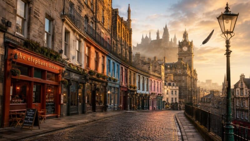 A street scene with historic buildings, shops, and a lamppost at sunset.