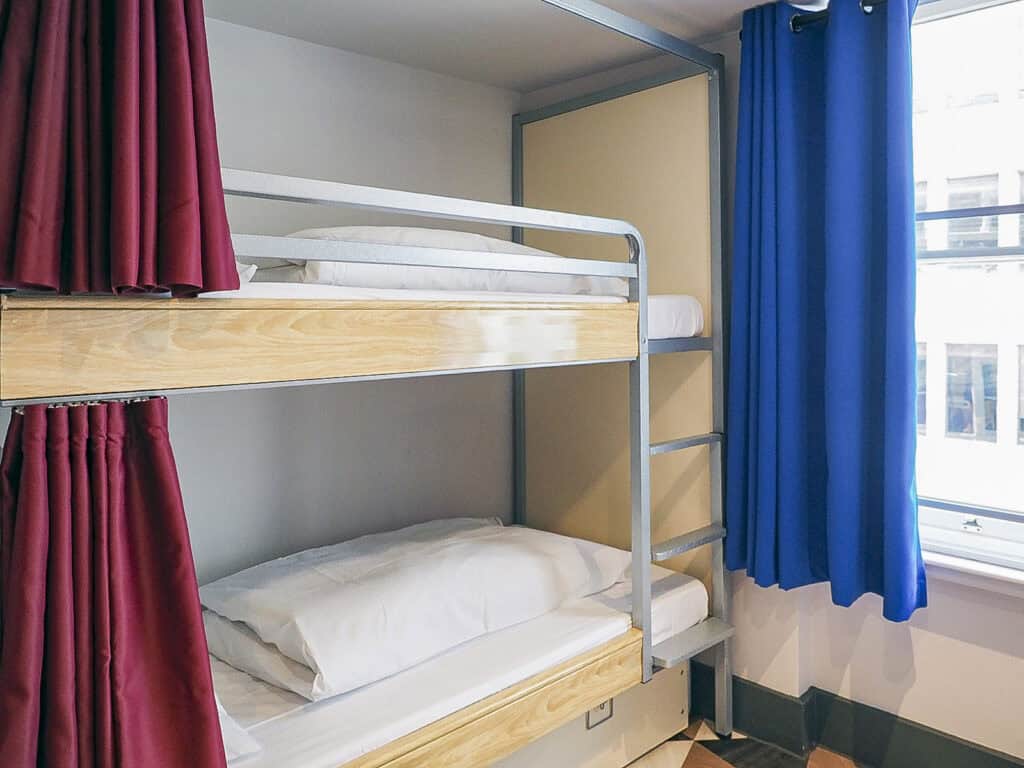 Modern bunk bed room at St Christopher’s Liverpool Street hostel in London.