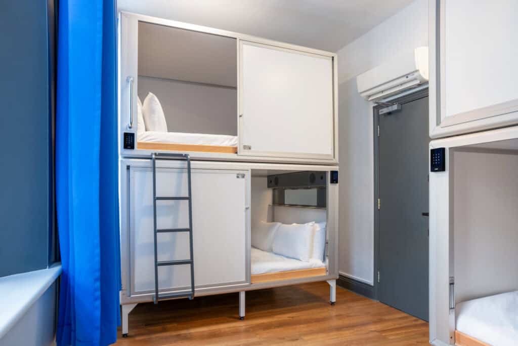 Bunk beds with private pods at St Christopher’s London Bridge hostel.