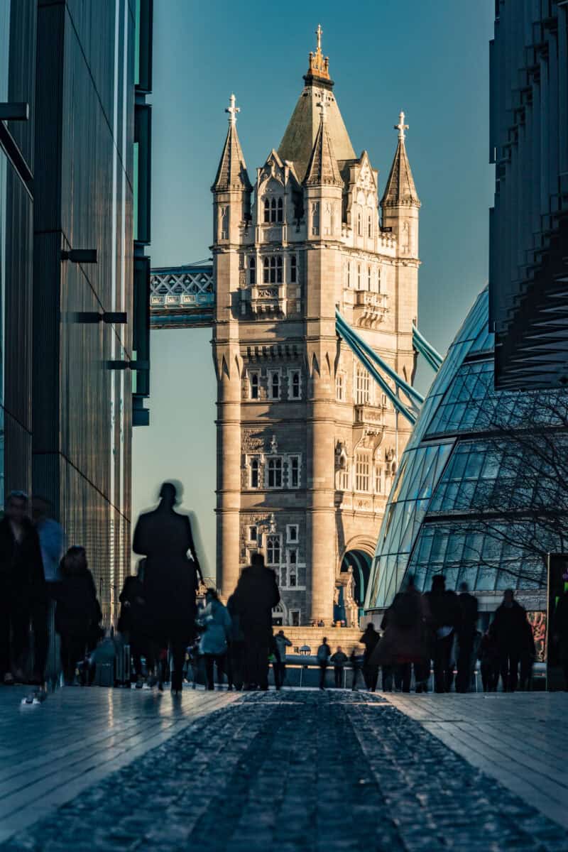 View of Tower Bridge from London Bridge with St Christopher's London Bridge in the foreground.