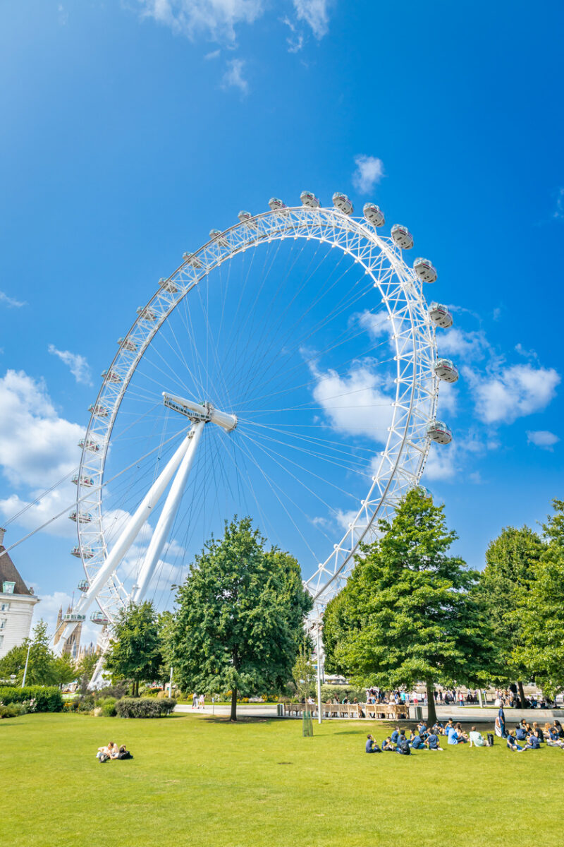 A full view of the London Eye (Millennium Wheel) standing tall above the green lawns of Jubilee Gardens on a bright summer day