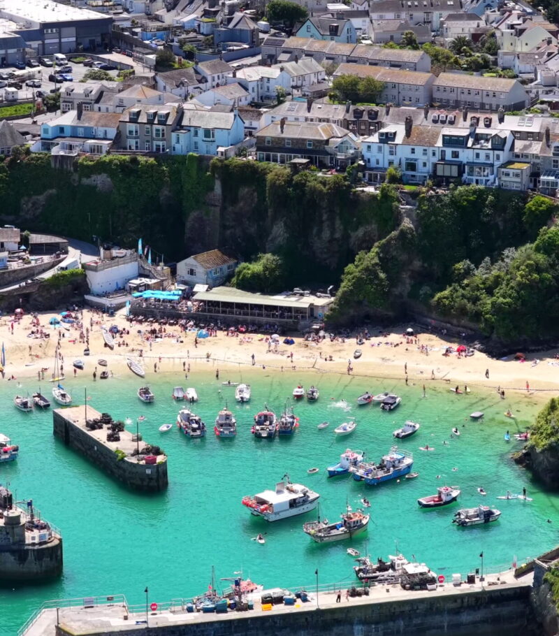 Newquay Harbour Beach Boats and Town Vertical