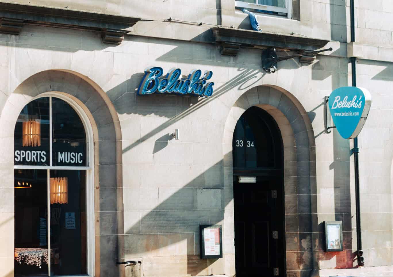 Entrance of Belushi's in Edinburgh, a popular hostel and bar venue.