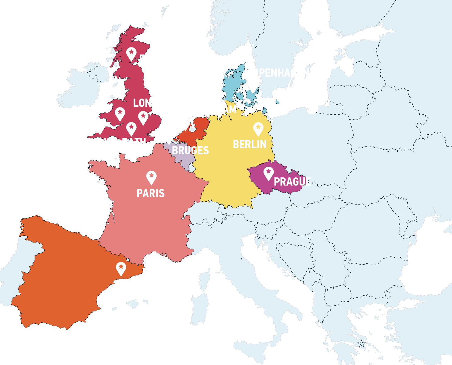A map of Europe pinpointing all the destinations we offer accommodation. The destinations are Amsterdam, Barcelona, Bath, Berlin, Bruges, Cardiff, Copenhagen, Edinburgh, London, Newquay, Paris, Prague