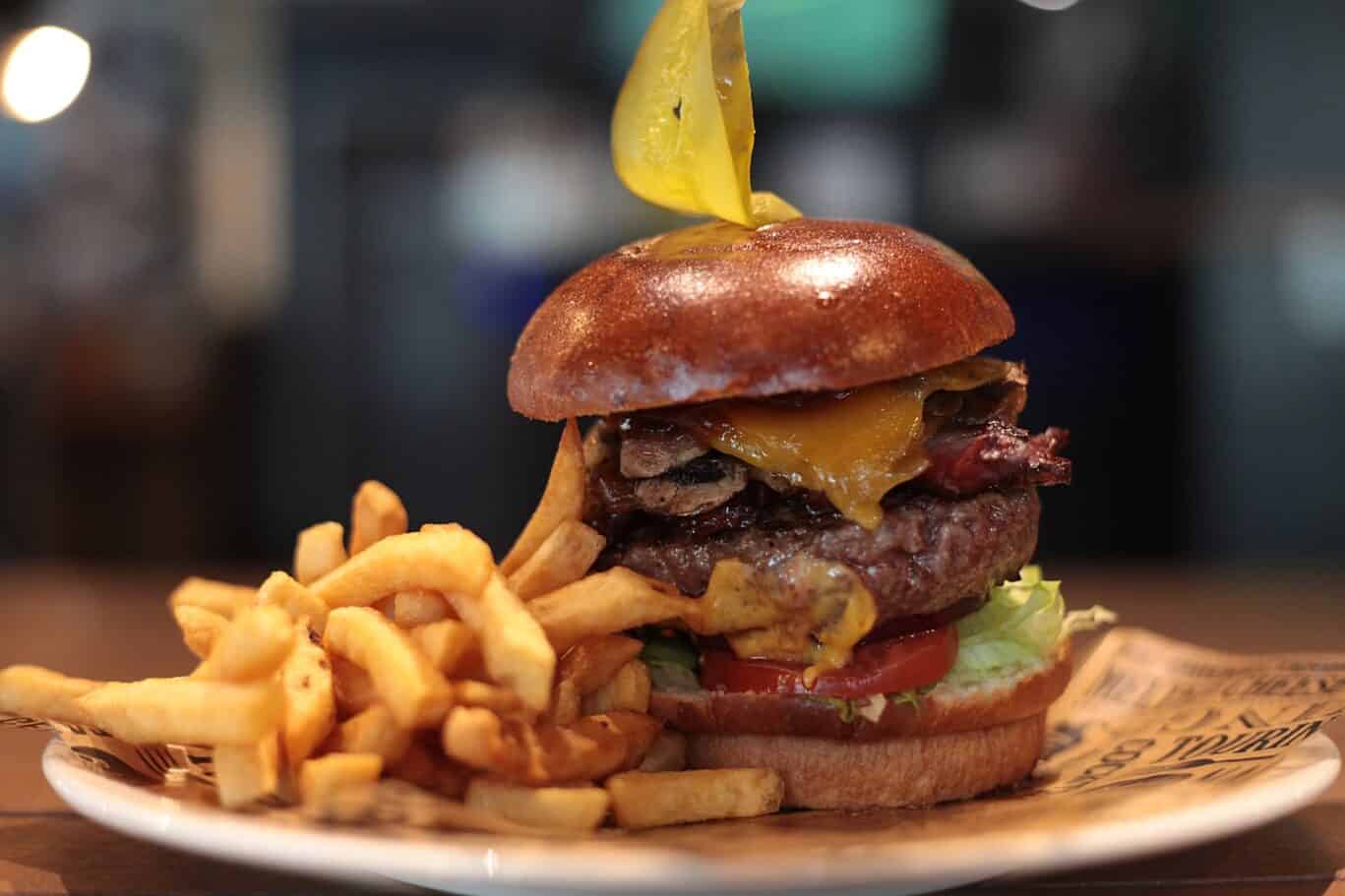 Delicious cheeseburger with fries at St Christopher’s Canal Hostel, Paris.