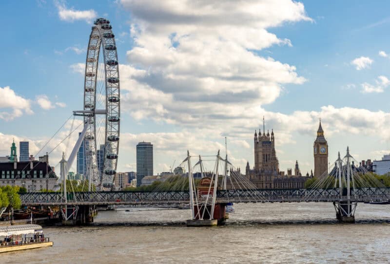 London skyline with the London Eye and Big Ben, view from the Thames River.