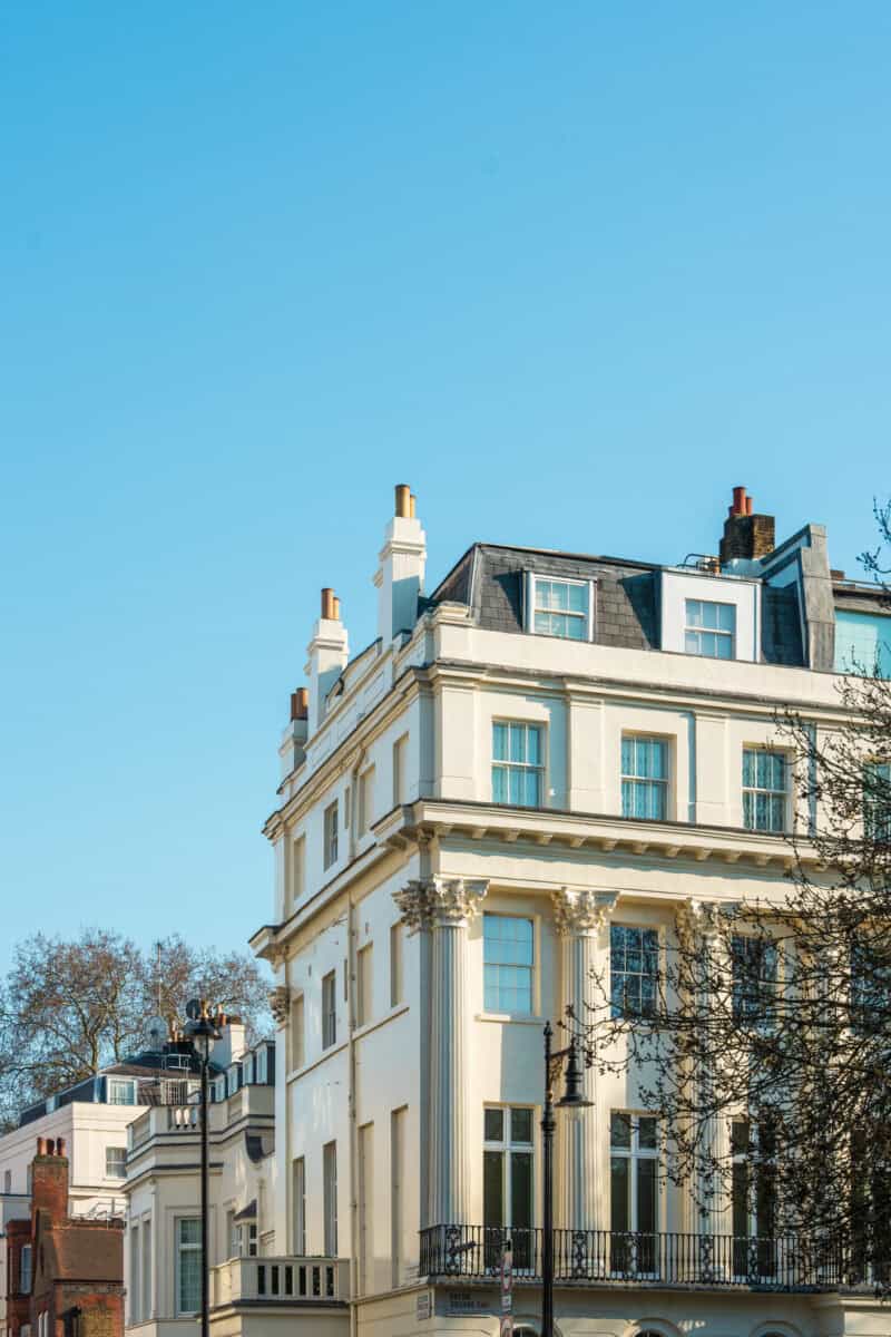 Classic London residential building facade against blue sky