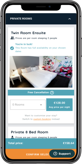 mobile phone displaying options for a room booking