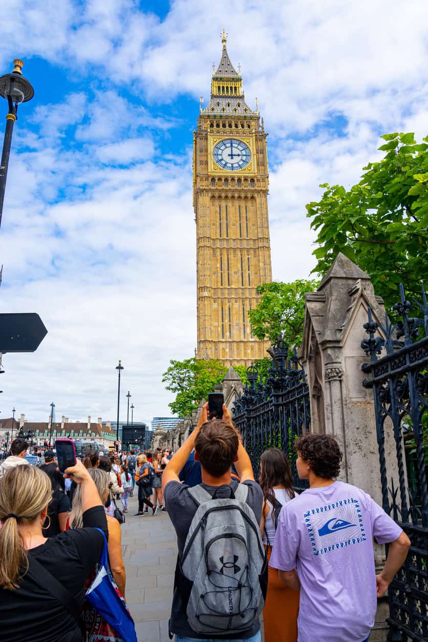 A group of travellers taking photos of Big Ben in London near St Christopher's Inns.